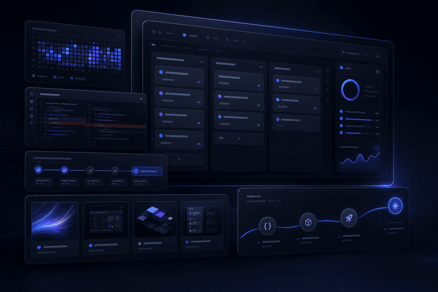A futuristic project workflow interface with portfolio panels, contribution activity, and sprint boards.